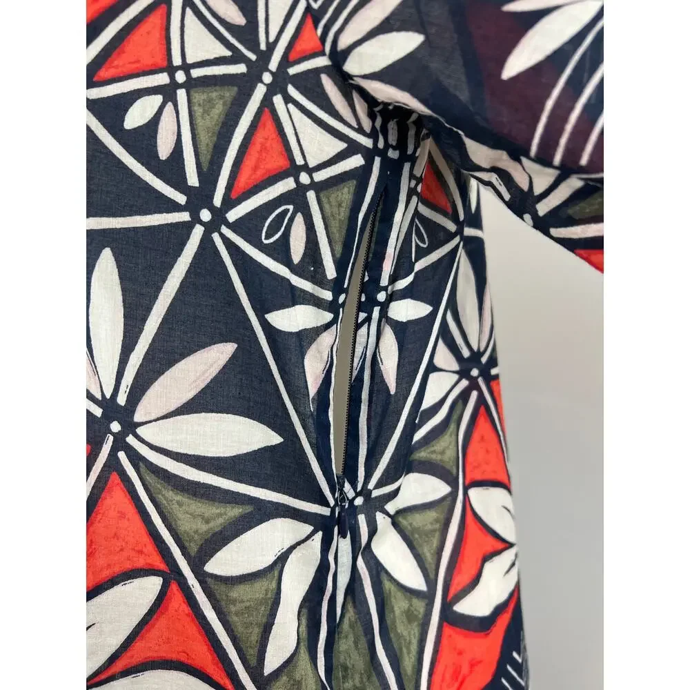 Tory Burch Geometric Blue Orange Print Long Sleeve Cotton Tunic Cover Up Size 4
